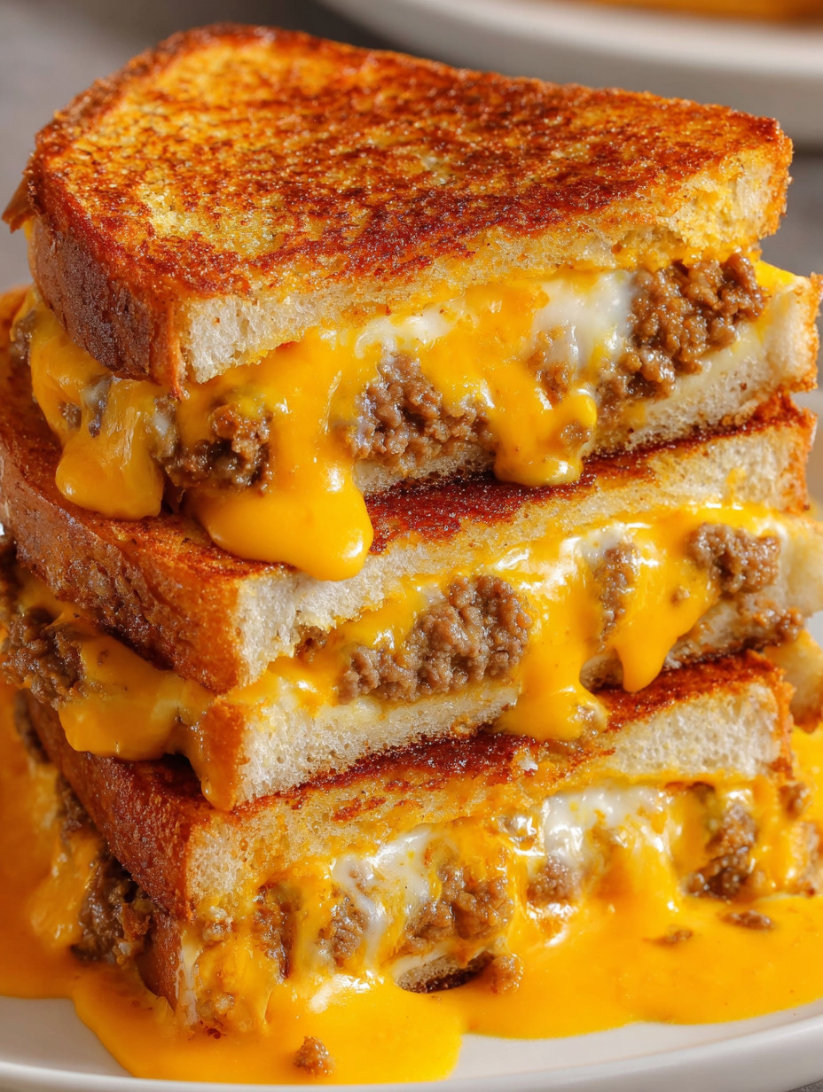 Three grilled cheese sandwiches with sausage and egg.