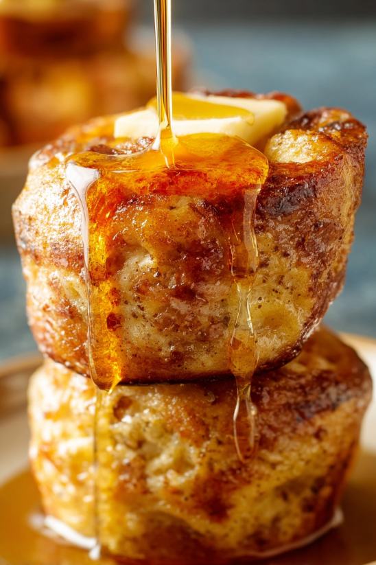 A stack of McGriddle Muffins with syrup dripping off.
