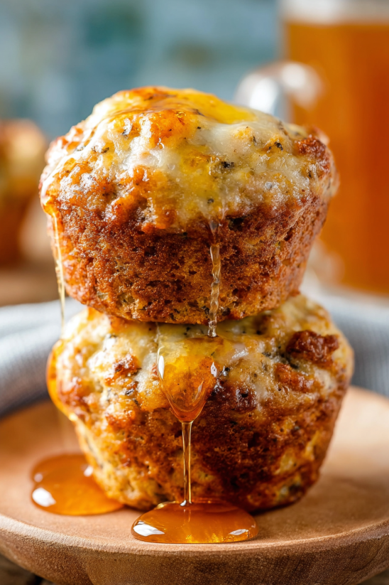 A stack of muffins with cheese dripping out.