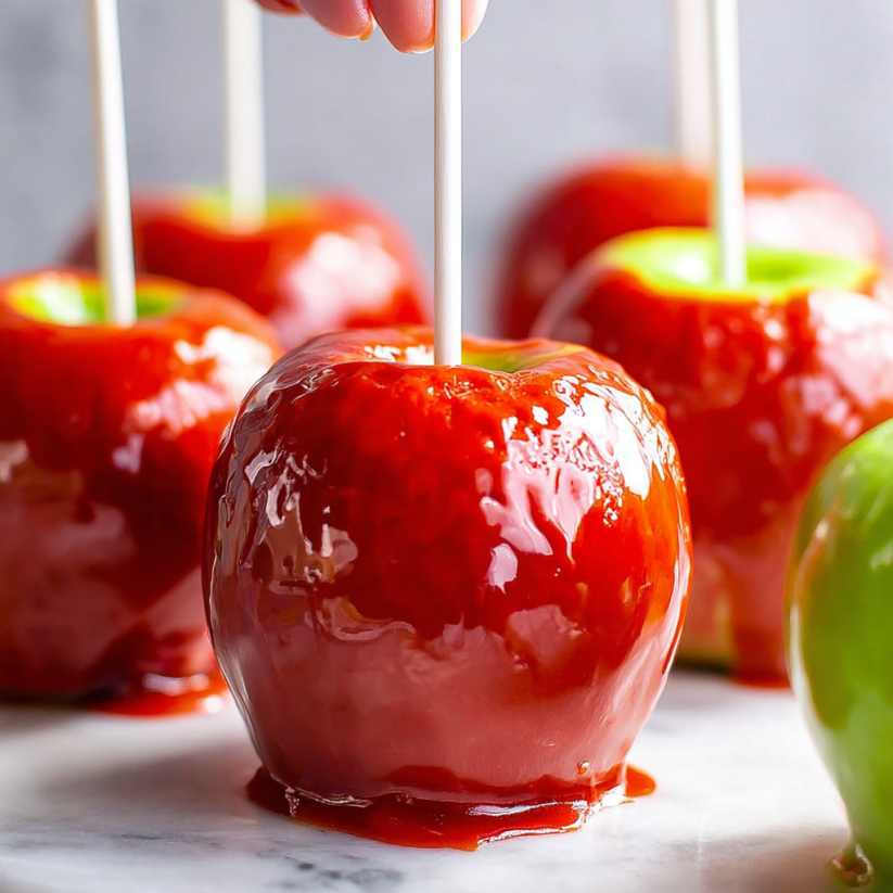A hand is pulling a candy apple out of a pile.