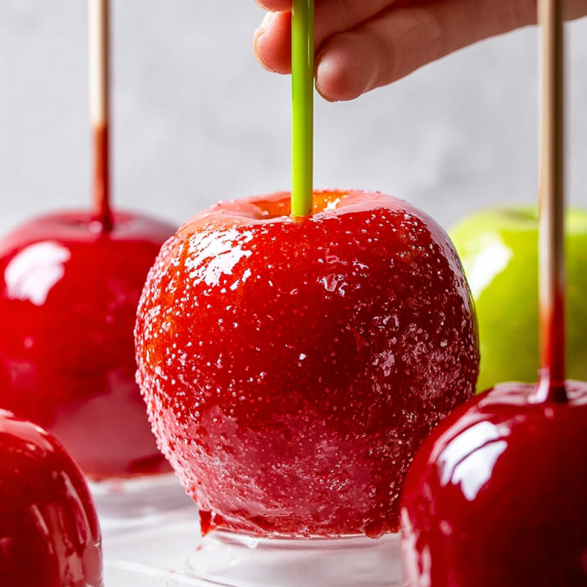 A hand is holding a green stick in a red apple.