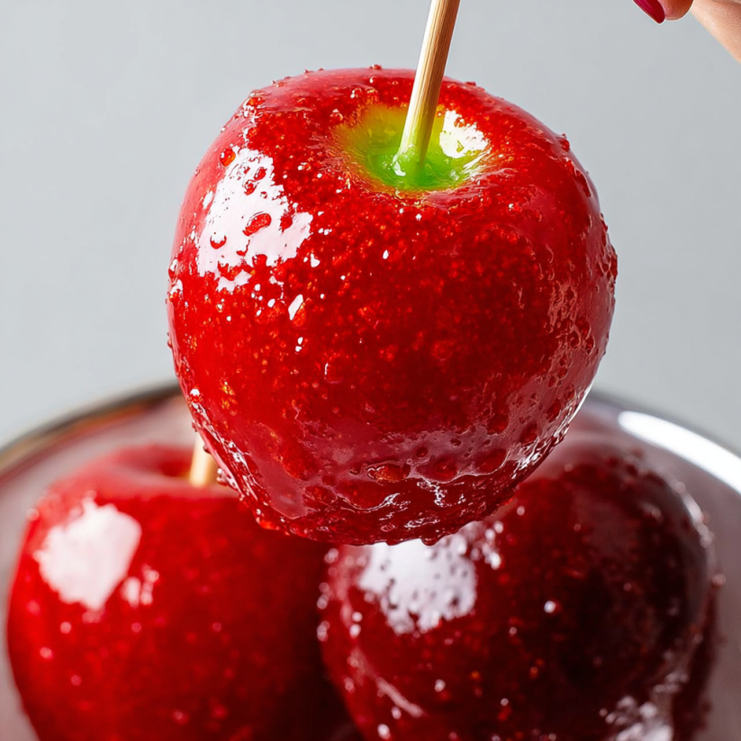 A person is holding a candy apple on a stick.