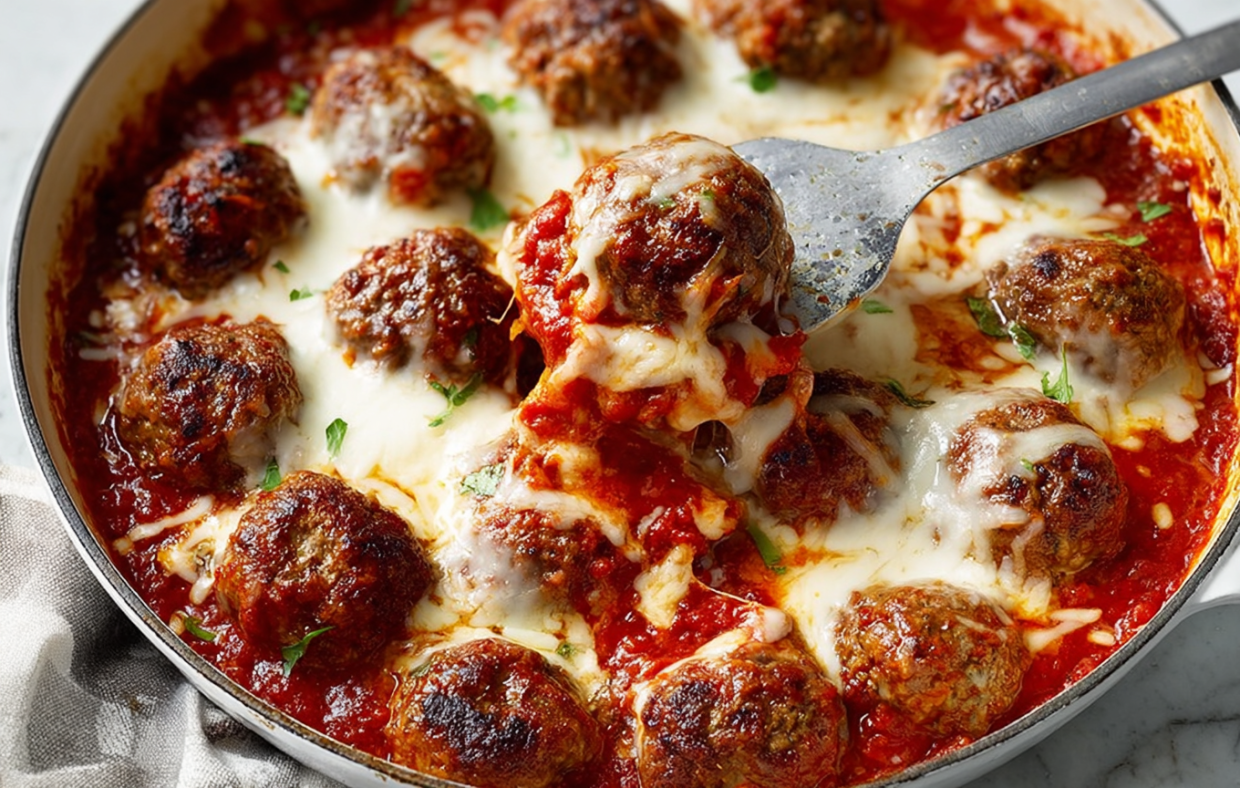 A close up of a sloppy joe meatball bake.