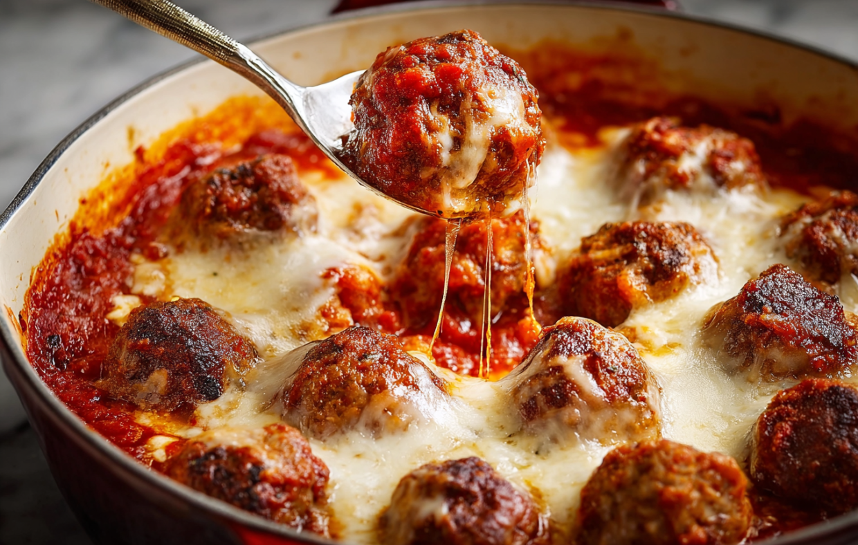 A spoon is in a sloppy joe meatball bake.