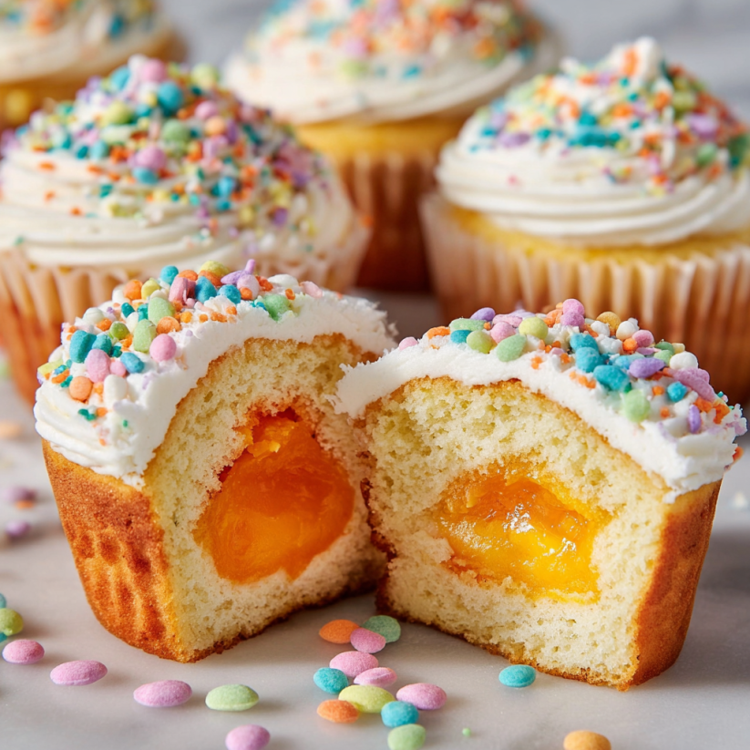 Inside out cupcakes with yellow filling.