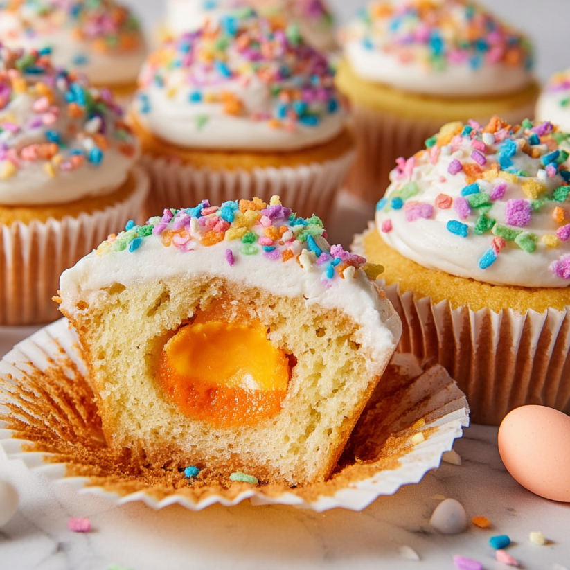 Inside out cupcakes with a yellow filling.