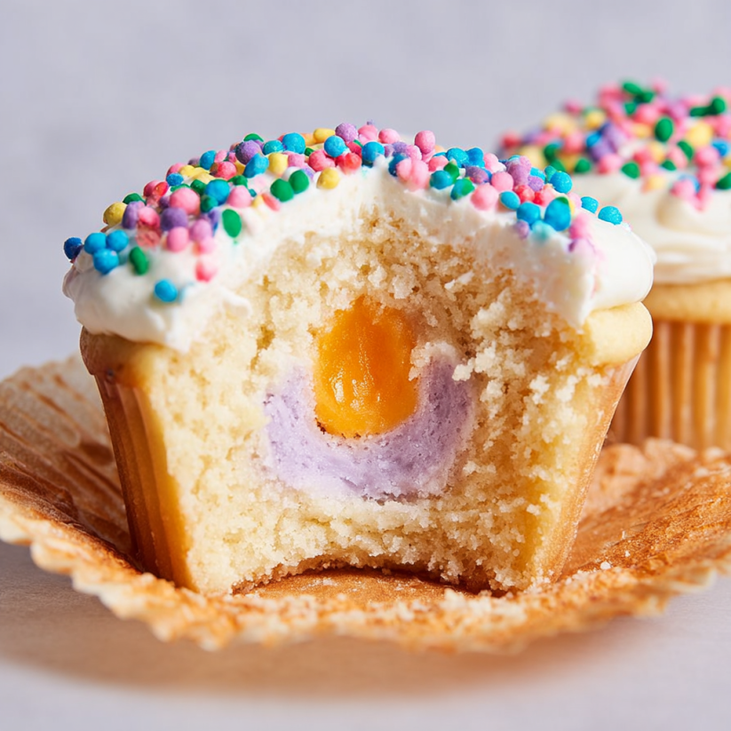 A cupcake with a yellow center and purple icing.