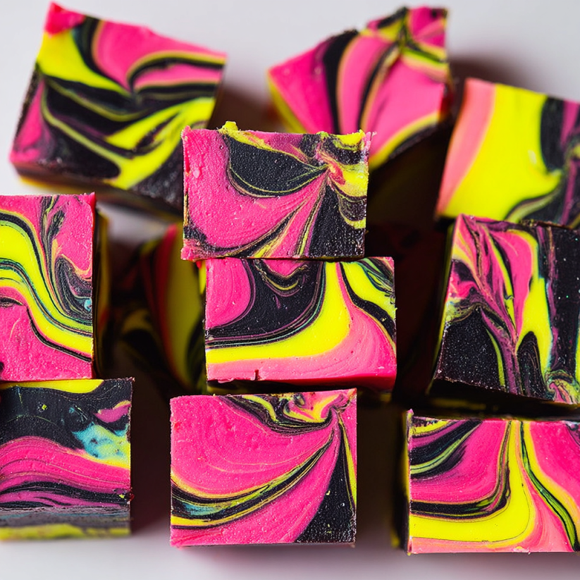 A pink and yellow fudge with swirls.