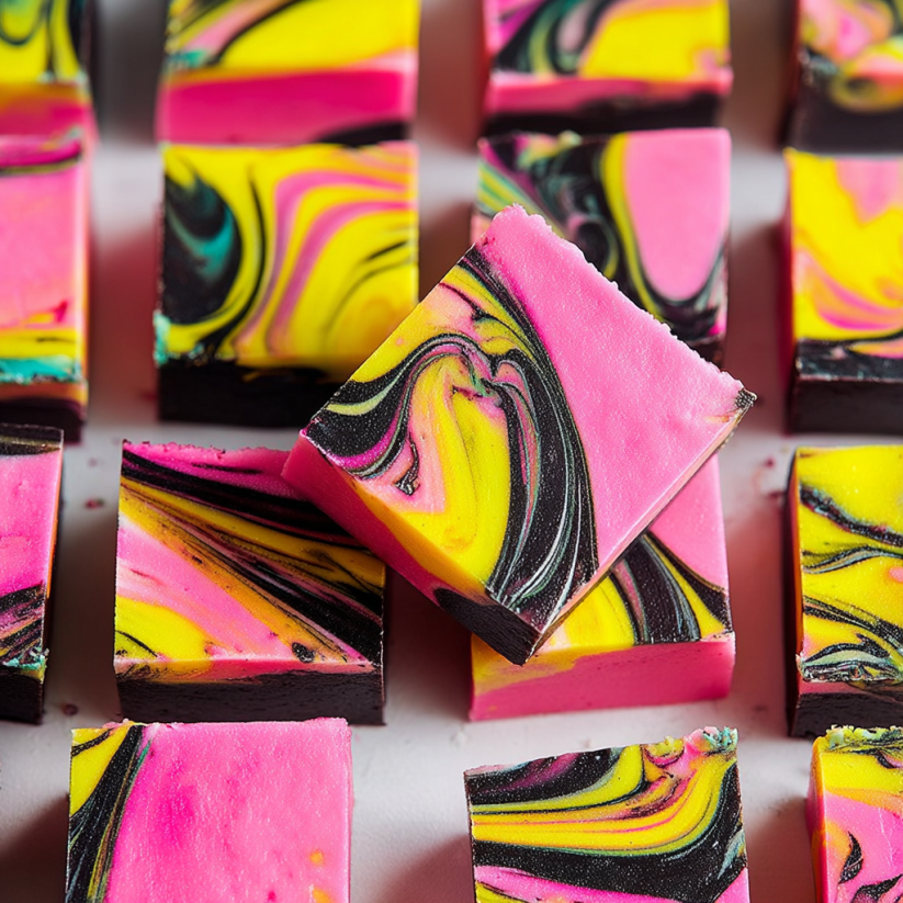 A close up of a piece of fudge with a yellow and black swirl pattern.