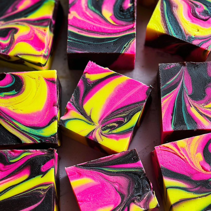 A close up of a piece of fudge with a swirl pattern.
