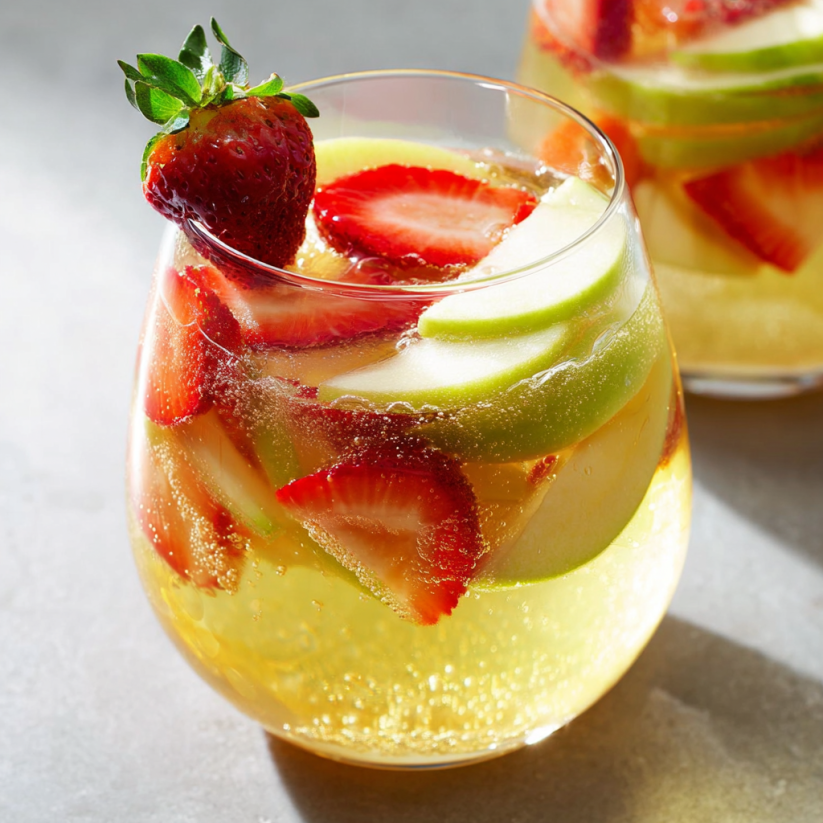 A glass of green apple moscato sangria.