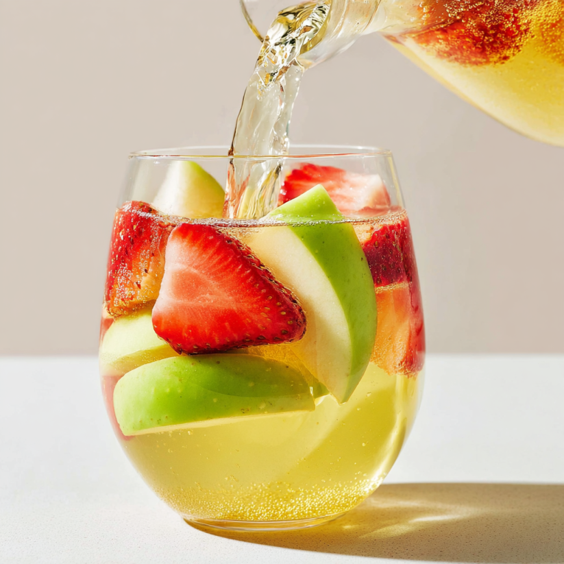 A glass of green apple moscato sangria.