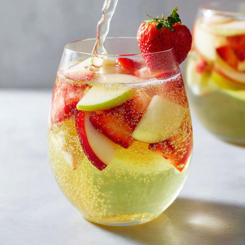 A glass of green apple moscato sangria.