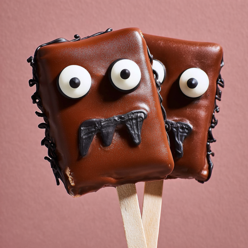 Two chocolate s'mores pops with eyes drawn on them.