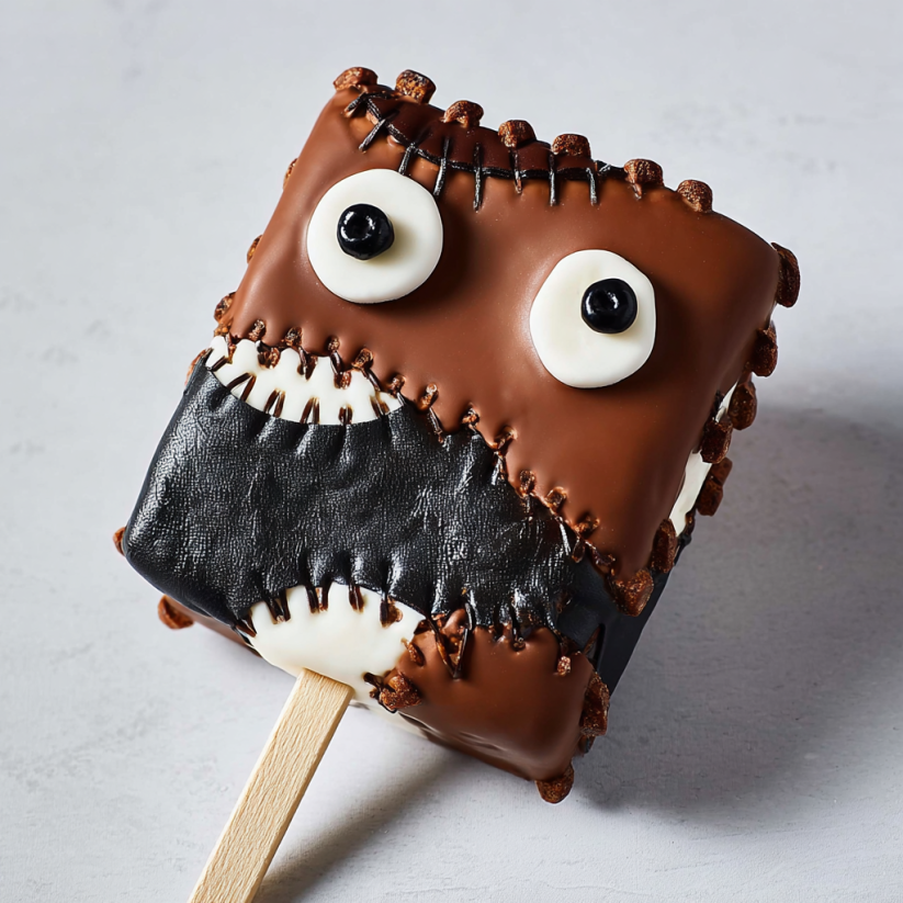 A chocolate covered s'mores pop with a face drawn on it.