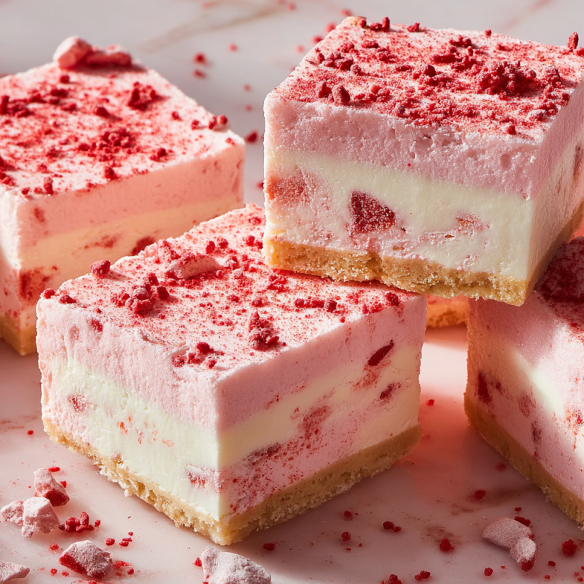 A close up of a piece of strawberry shortcake ice cream cake.