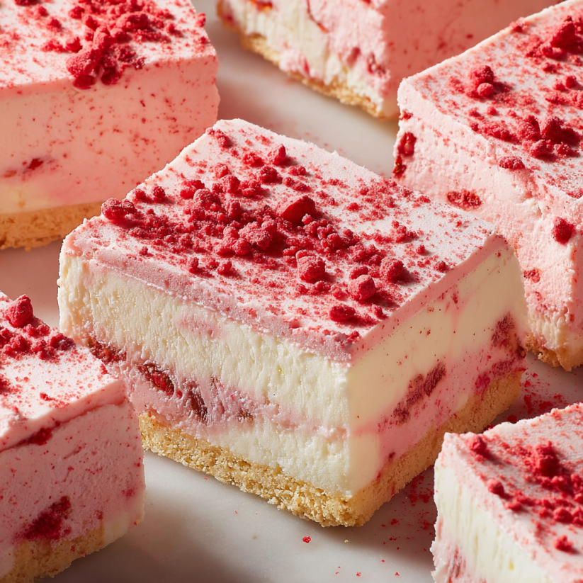 A close up of a slice of strawberry shortcake ice cream cake.