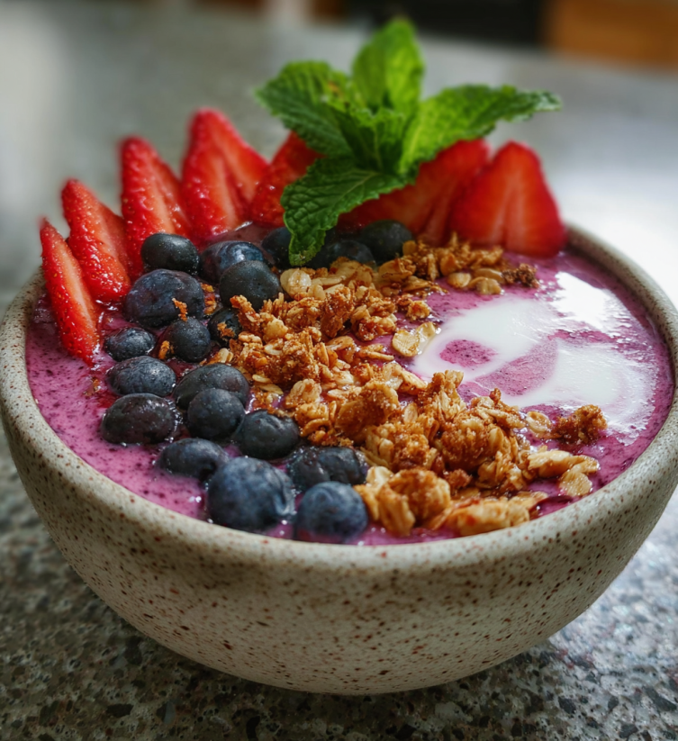 A bowl of berry bliss smoothie with a spoon in it.