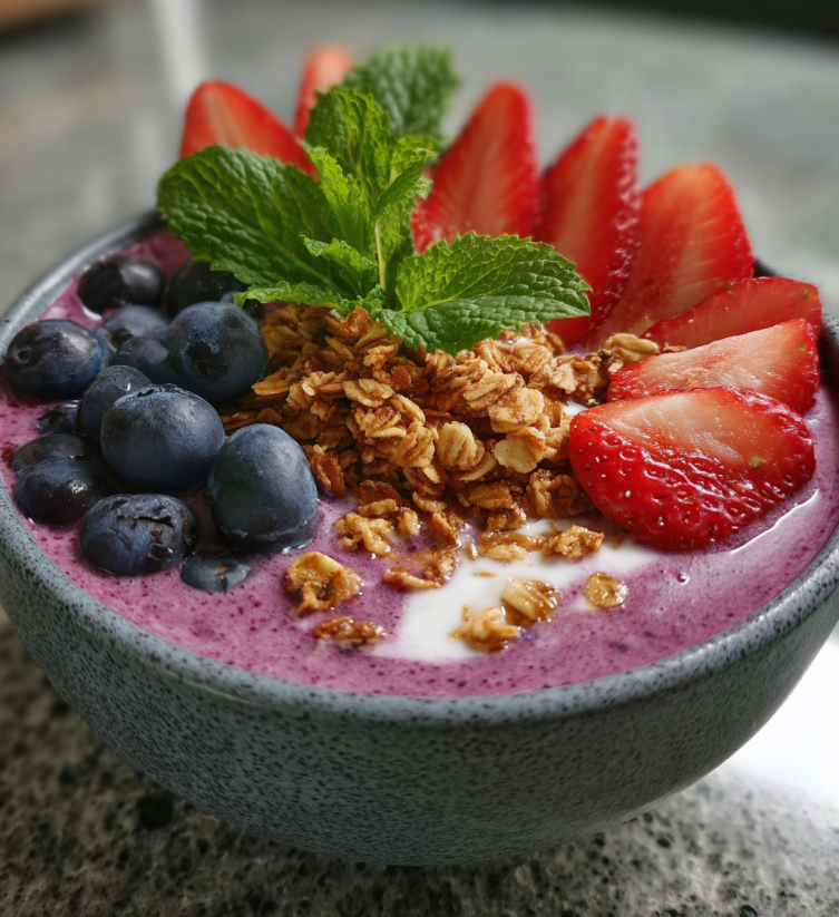 A bowl of berry bliss smoothie with strawberries, blueberries, and mints.