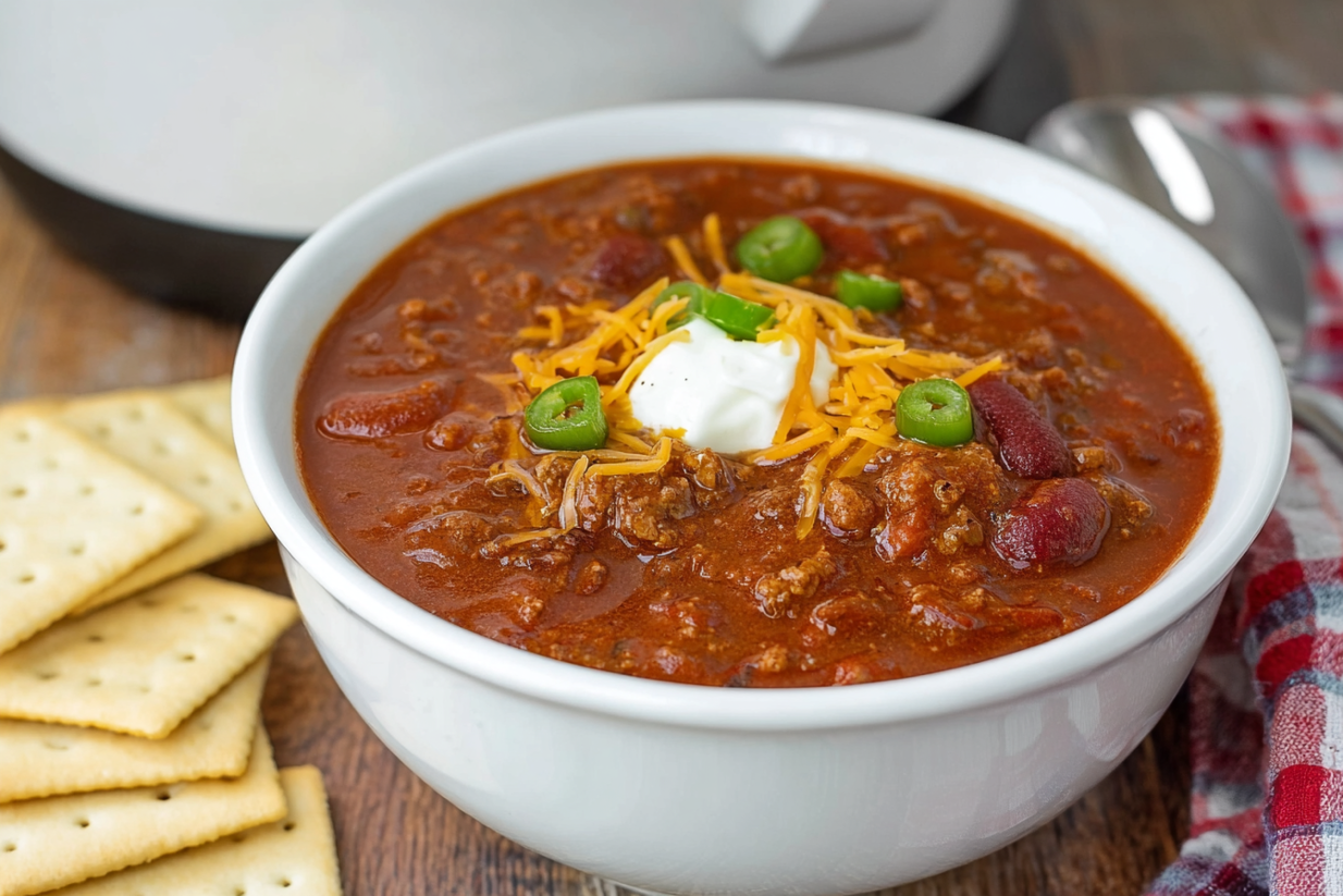 A bowl of chili with cheese and green peppers.