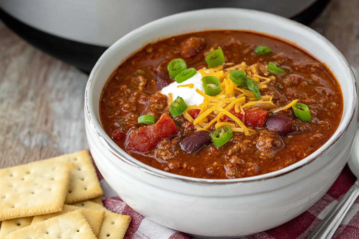 A bowl of chili with cheese and chives on top.