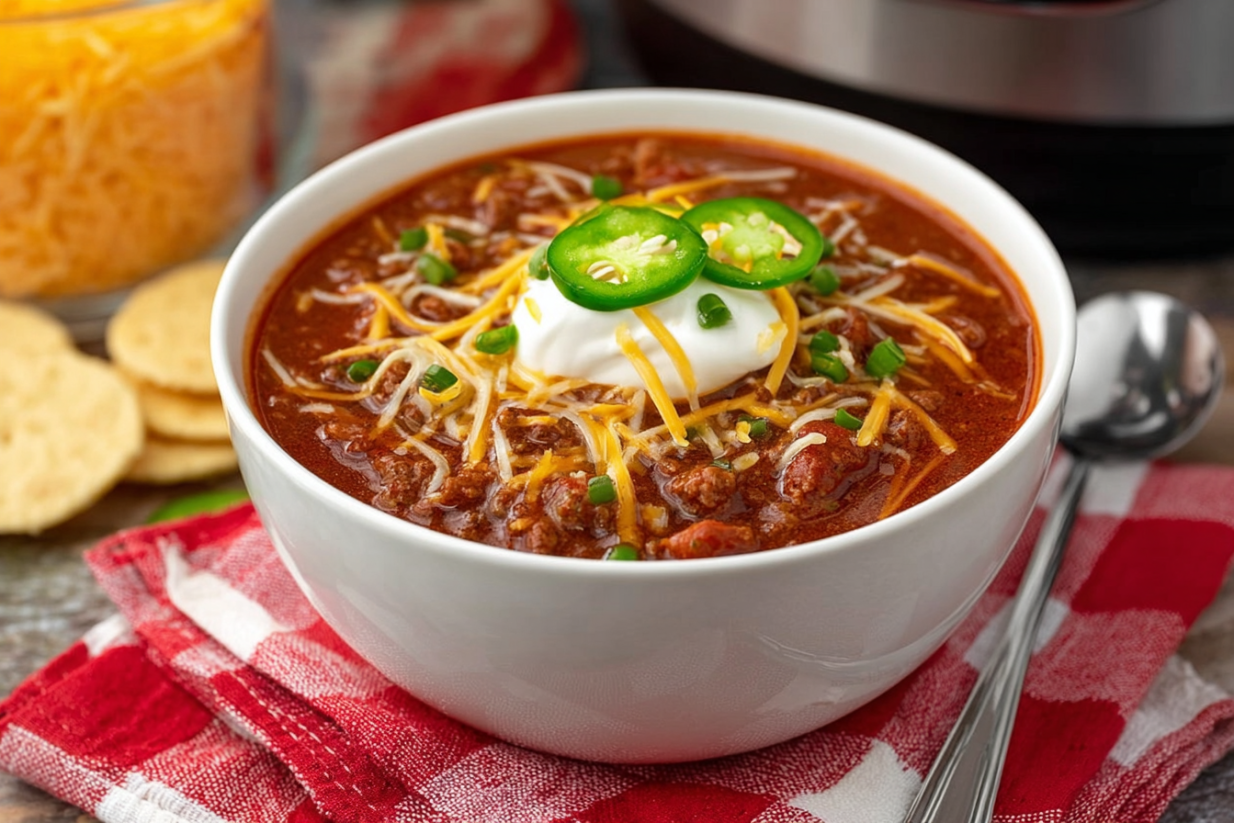 A bowl of chili with cheese and jalapenos on top.