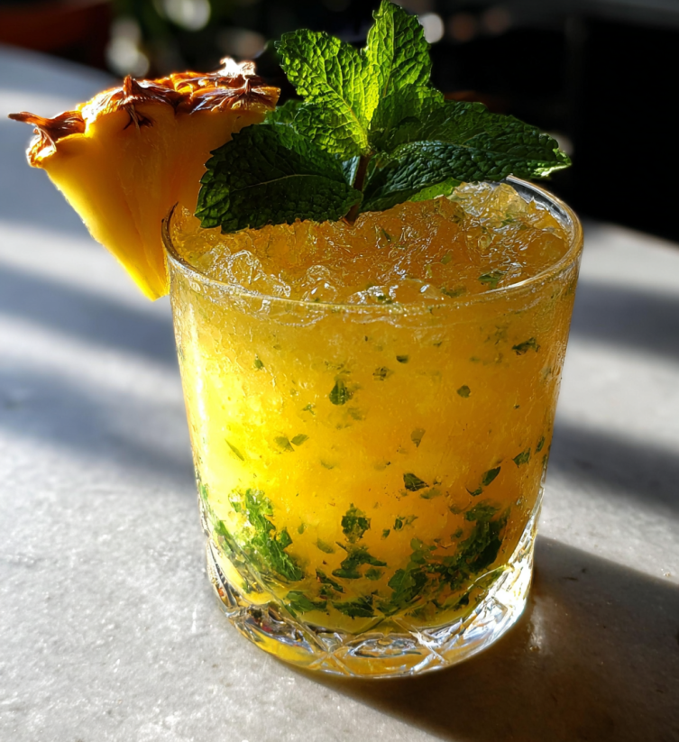 A glass of yellow liquid with a pineapple slice on top.