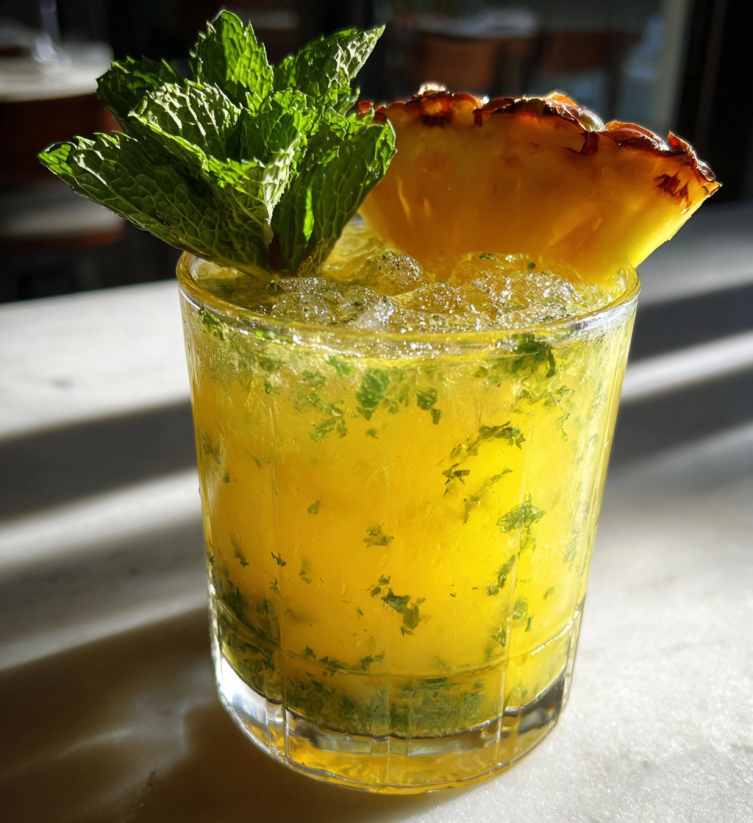 A glass of a yellow drink with a pineapple wedge in it.