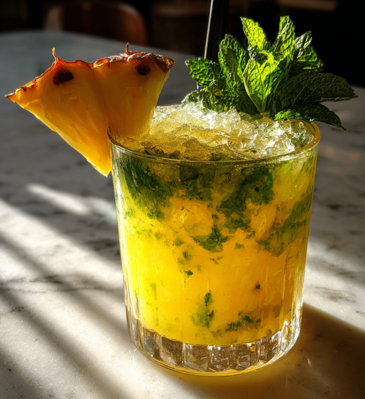 A glass of a tropical drink with a pineapple slice on top.