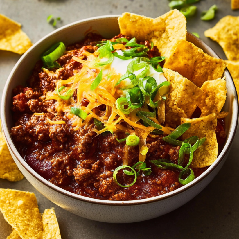 A bowl of slow-cooker beef chili with chips on top.
