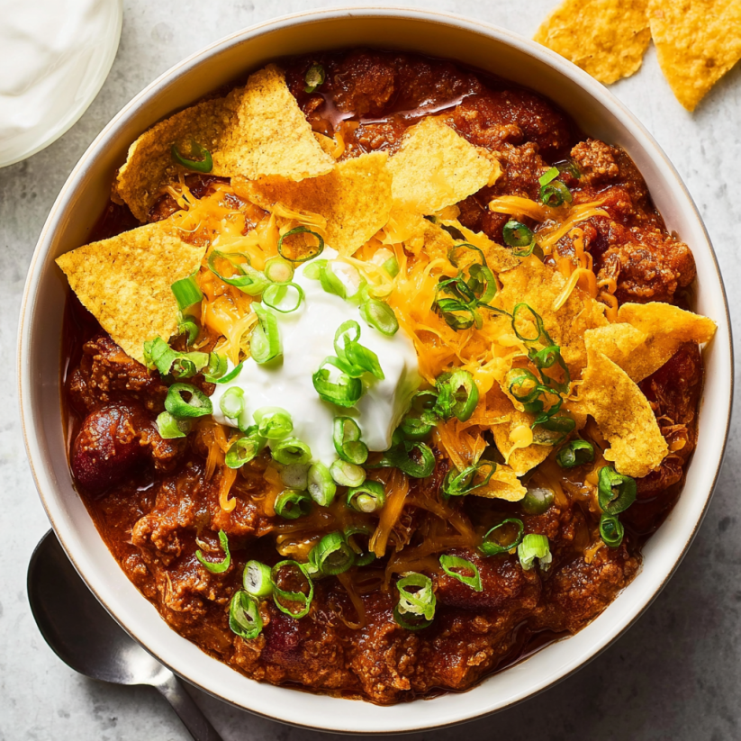 A bowl of chili with a dollop of sour cream on top.