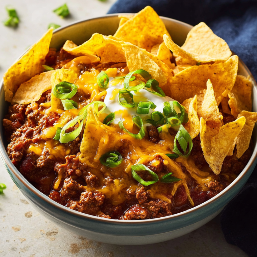 A bowl of chili with chips on top.