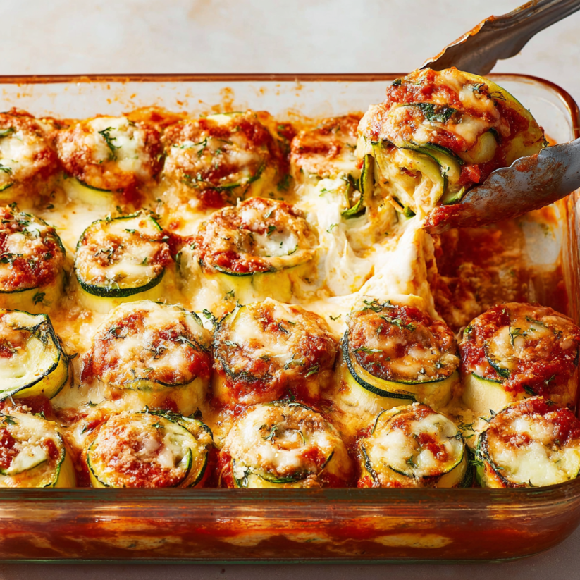 A dish of zucchini lasagna roll-ups.