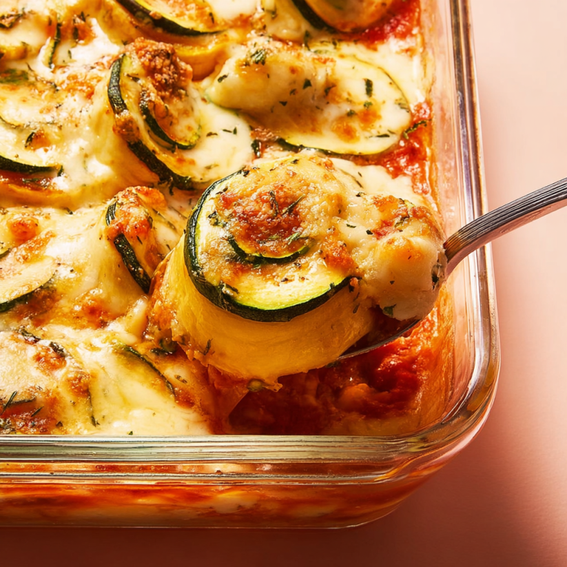 A dish of zucchini lasagna roll-ups.