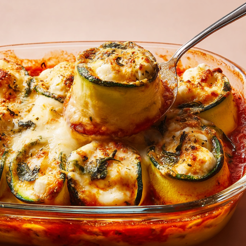 A dish of zucchini lasagna roll-ups.