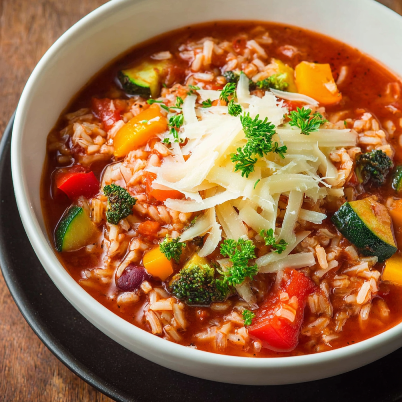 A bowl of soup with rice, broccoli, and cheese.