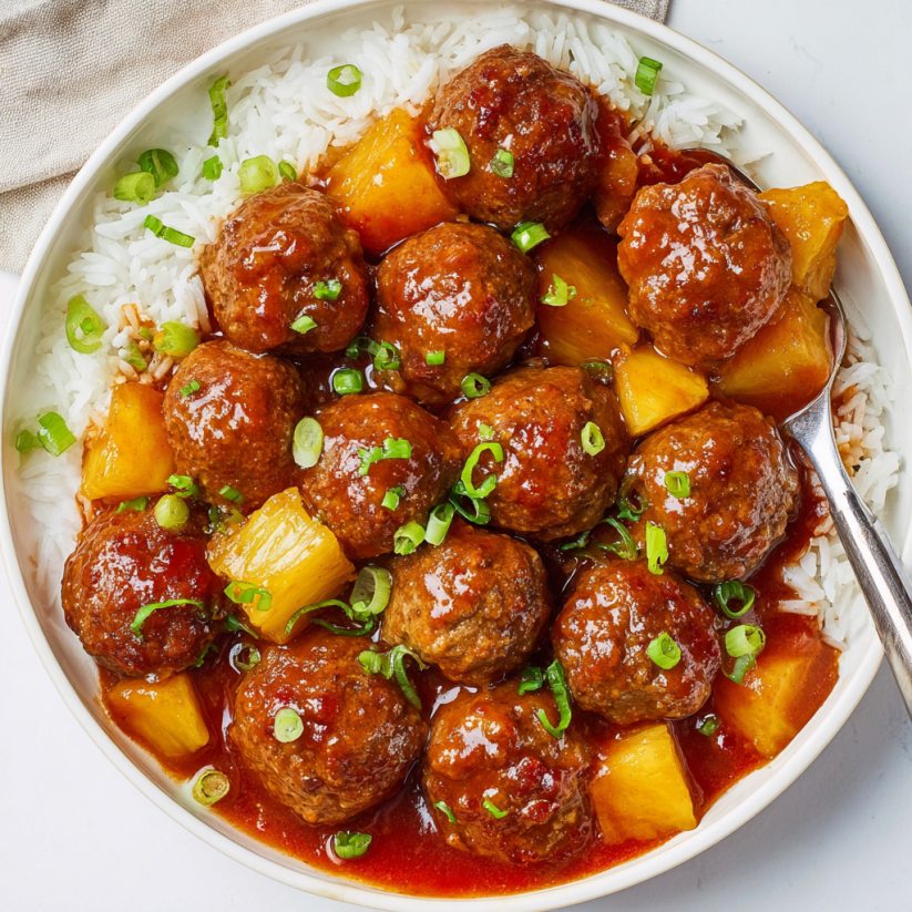 A bowl of meatballs with pineapple sauce.