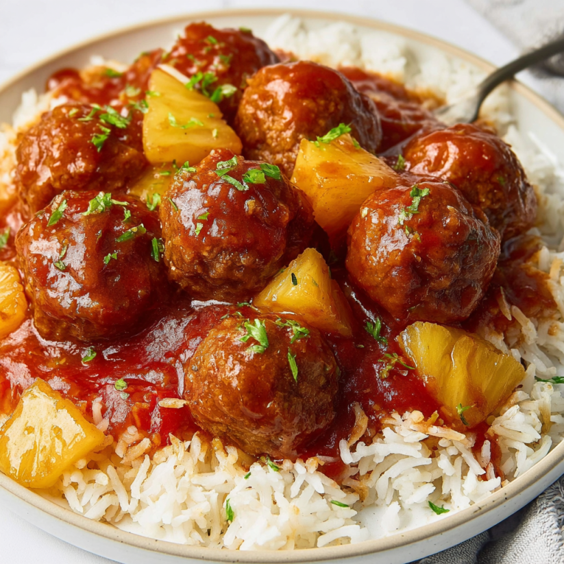 A plate of meatballs with pineapple on top.