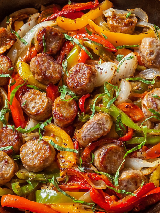 A close up of sausage and peppers.