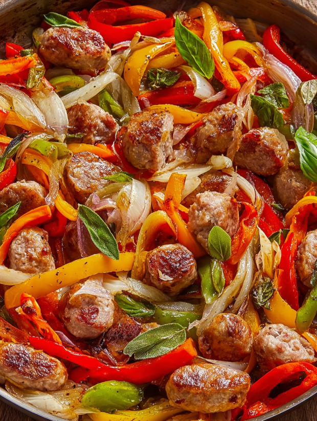 A dish of sausage and peppers.