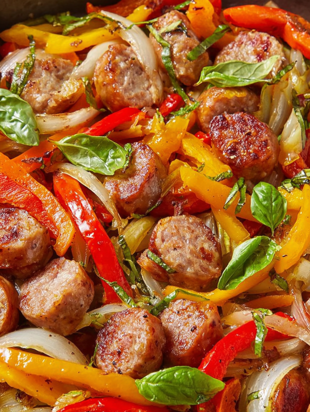 Sausage and peppers on a plate.