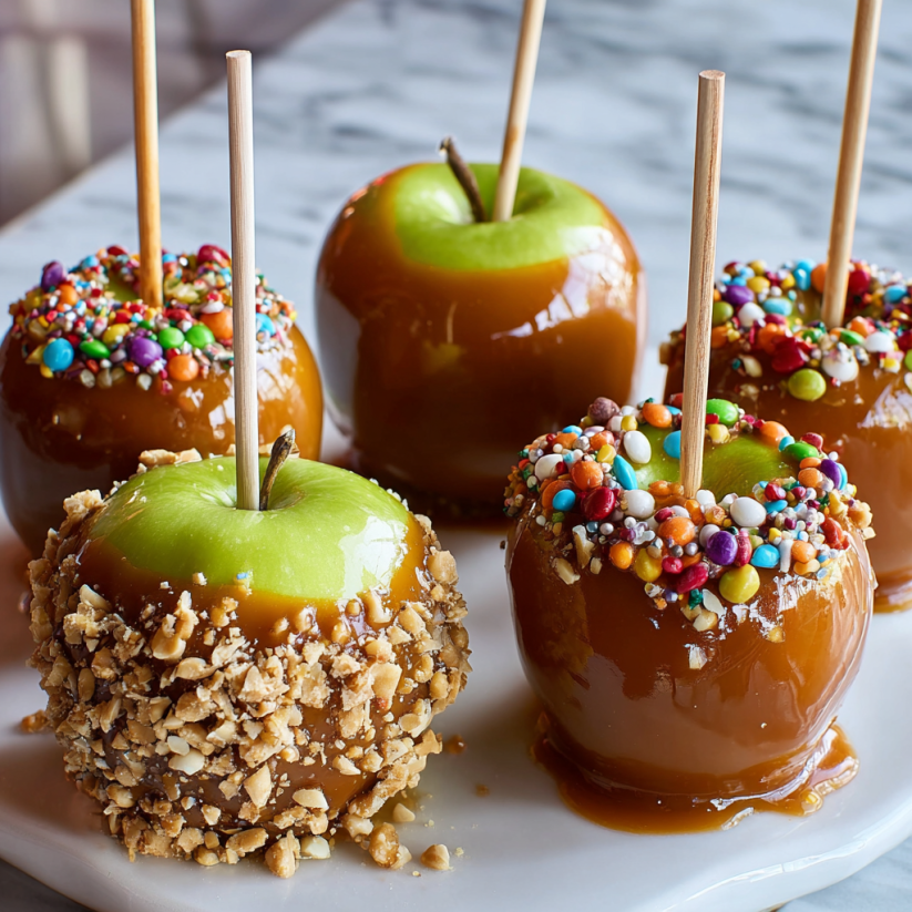 Caramel apples on a plate.