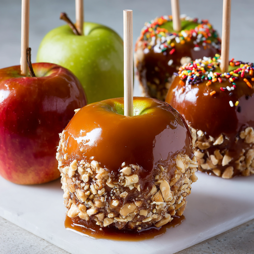 Four caramel apples on a plate.