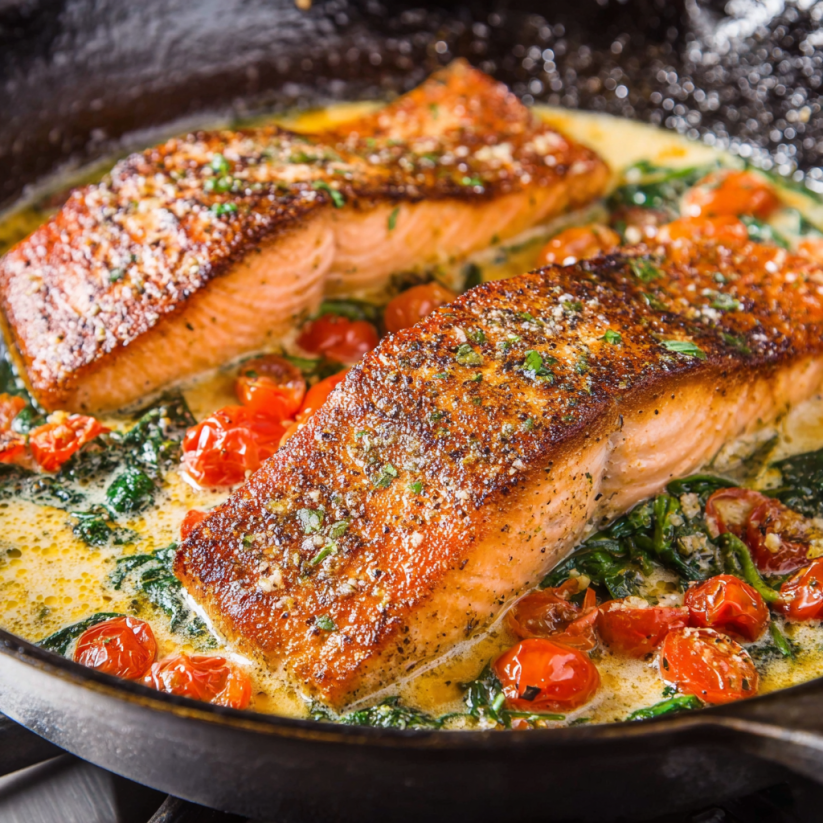 A pan of salmon with tomatoes and herbs.