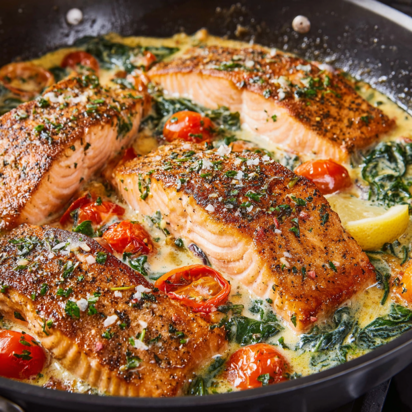 A pan of Tuscan Butter Salmon.
