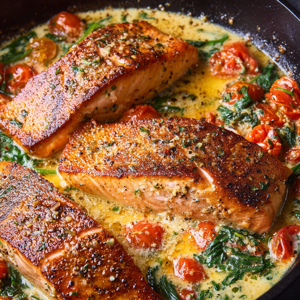 A pan of salmon with tomatoes and herbs.