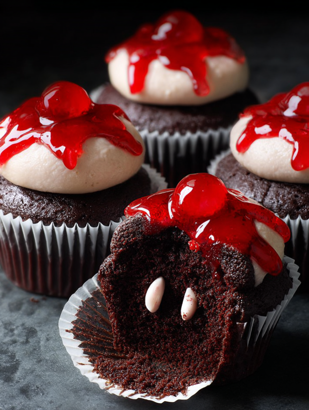 A cupcake with red icing and a bite taken out of it.