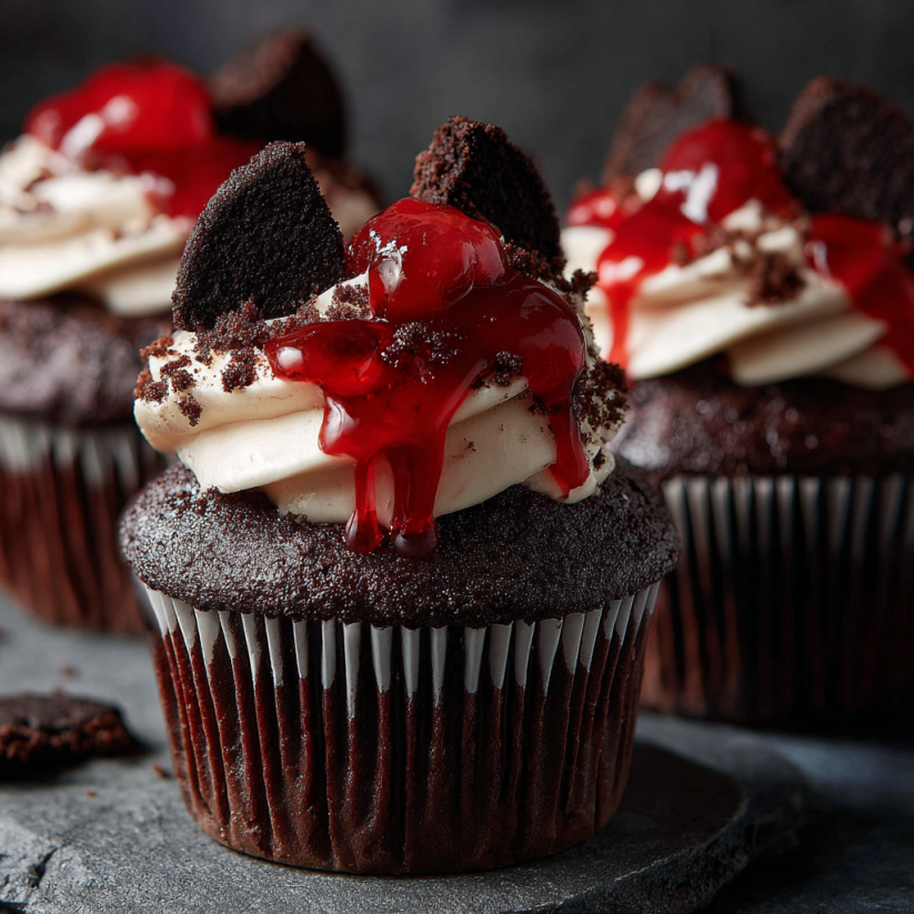 A cupcake with a cherry on top and a strawberry on the side.
