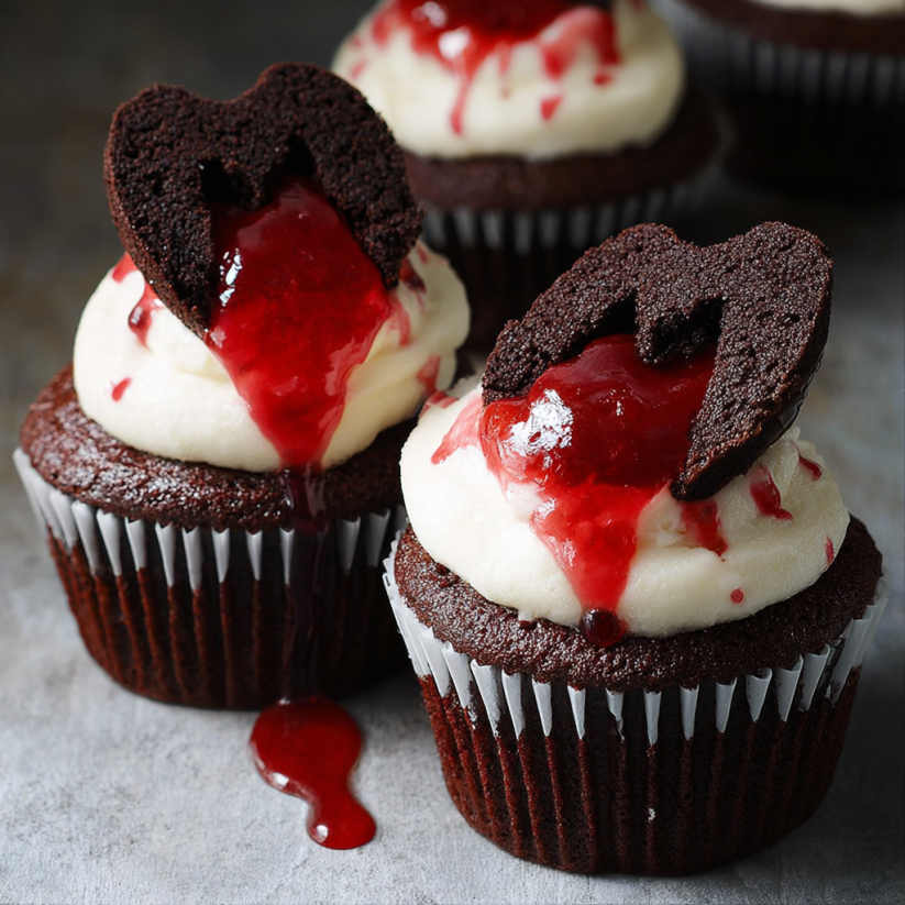A cupcake with a heart shaped piece of chocolate and a red icing drizzle.