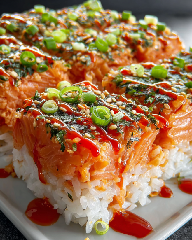 A plate of sushi with salmon and rice.